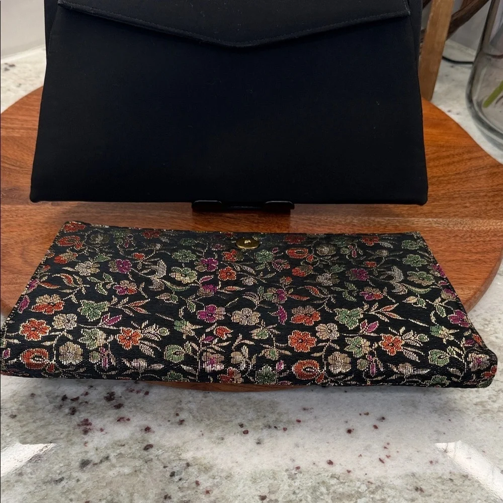 Vintage Waldman Clutch- Metallic Floral and Black